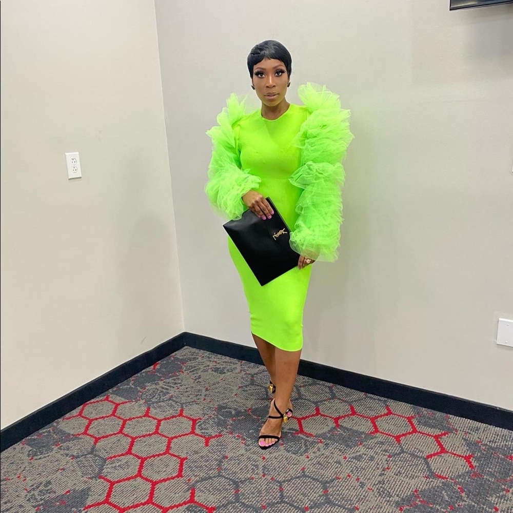 Lime green bondage dress with ruffle sleeve